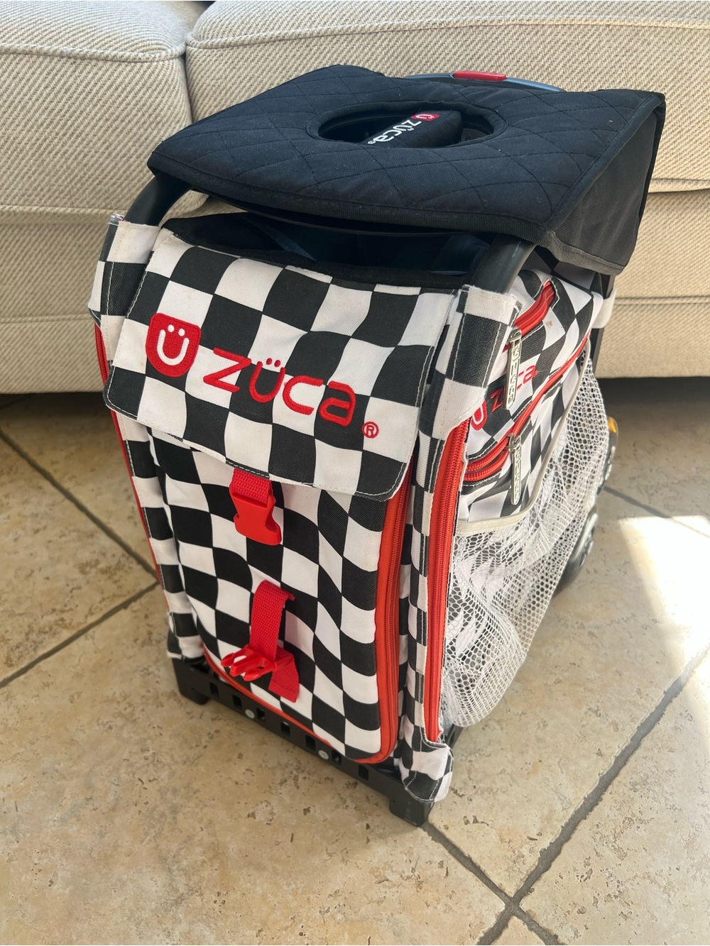 Zuca Rolling Cart - Black & White Checker with Red Accents